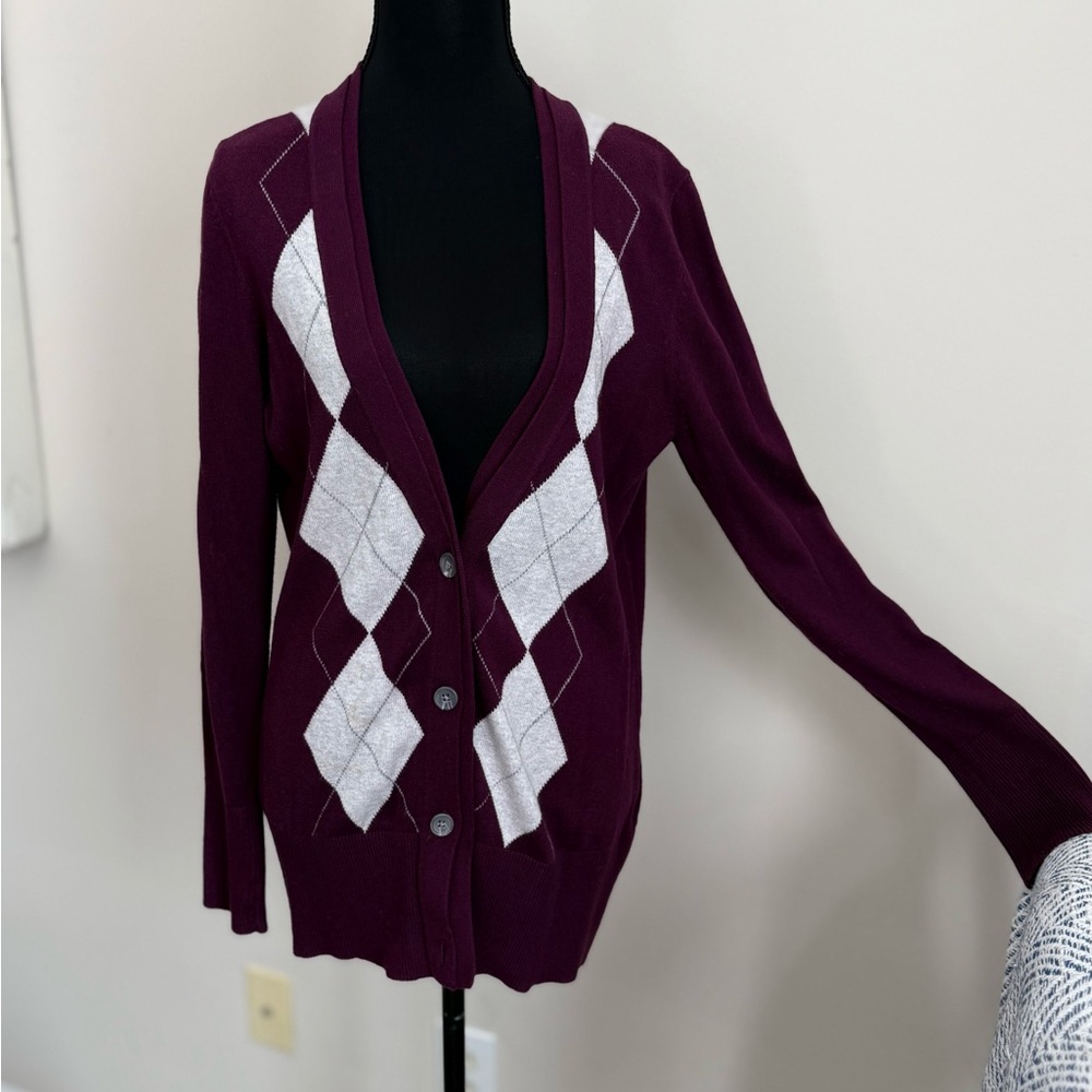 Women's Preppy Argyle Long Cardigan Sweater - Purple and White and Gray